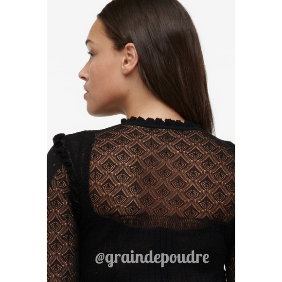 Rare! Zara Limited Edition Black Sheer Pointelle Knit Ruffle Sweater S - Picture 5 of 9